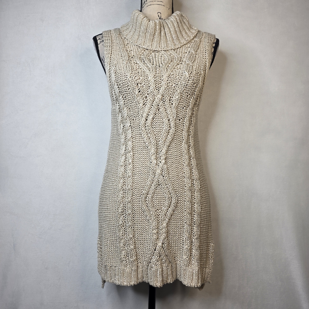 Democracy Y2k Womans Sleeveless Cable Knit Split Turtle Neck Tunic Sweater Sz M